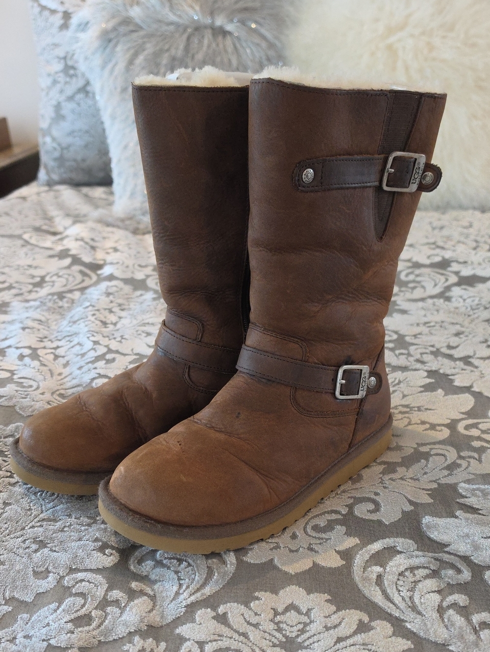 UGG Kensington brown leather shearling-lined biker buckle boots